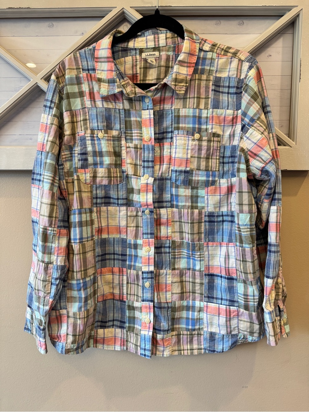 LL Bean Shirt Womens XL Plaid Patchwork Roll Tab Sleeve Y2K Button Up